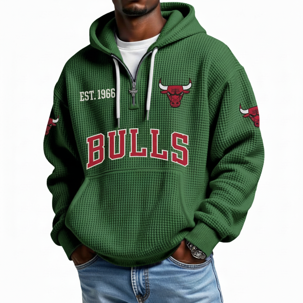 Chicago Bulls EST 1966 Printed Waffle Quarter Zip Basketball Fan Hoodie