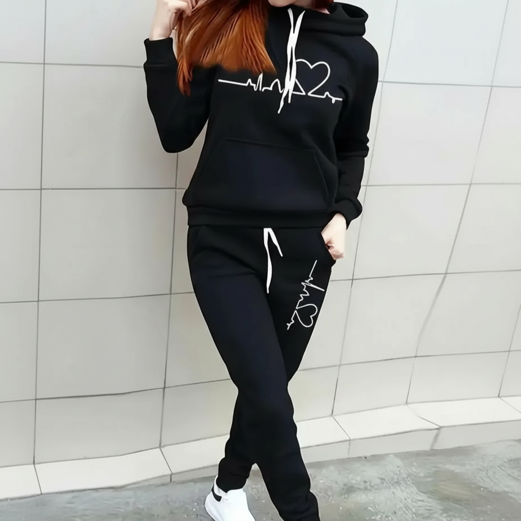 Casual Hoodie And Drawstring Jogger Pants Set With Pulse Line Graphic Print