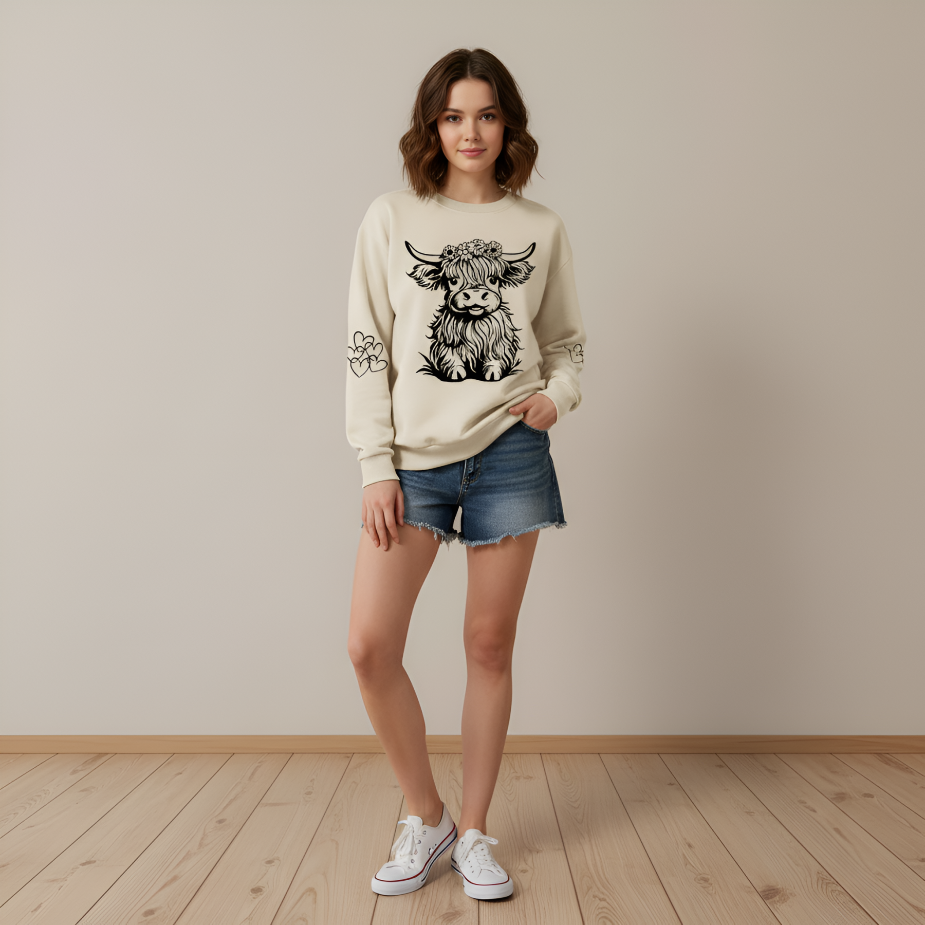 Cartoon Cow Print Casual Knit Sweatshirt