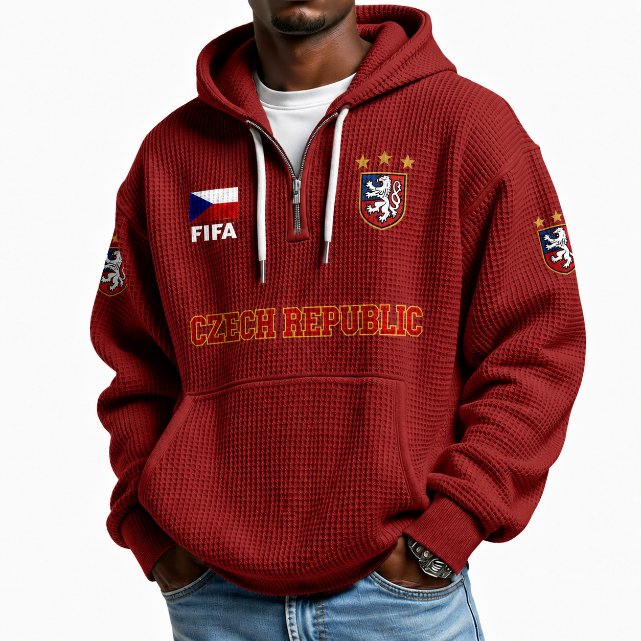 FIFA 2026 Czech Republic Printed Waffle Quarter Zip Football Fan Hoodie