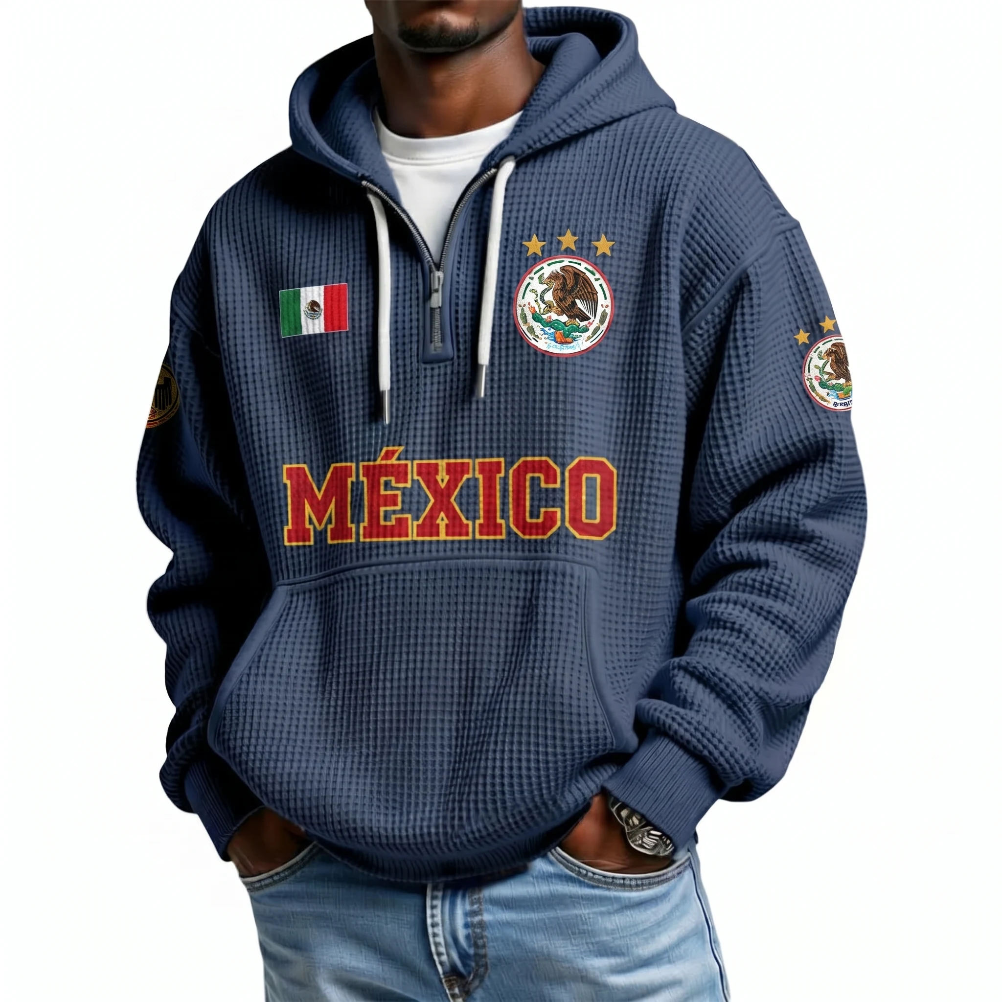 Mexico Printed Waffle Quarter Zip Football Fan Hoodie