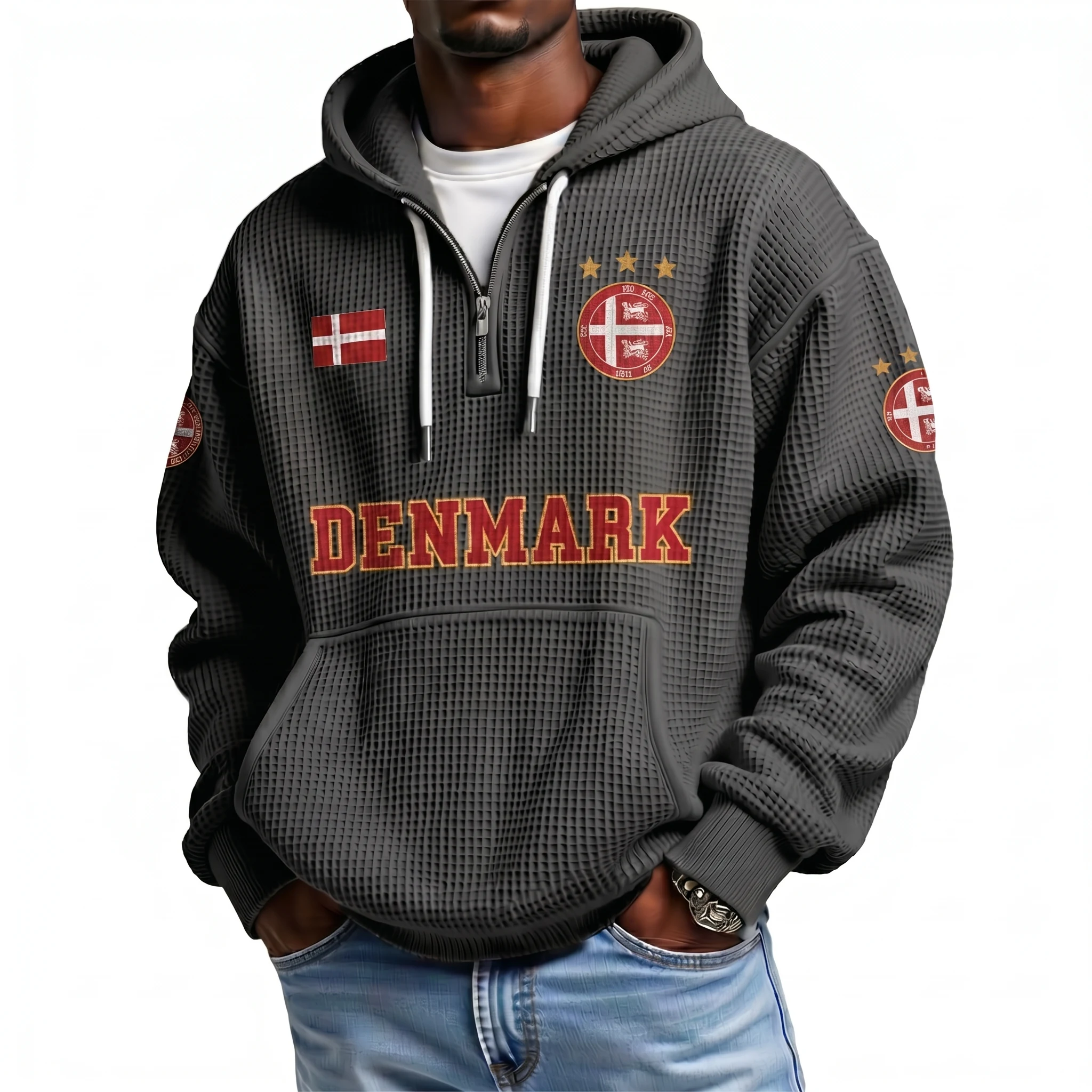 Denmark Printed Waffle Quarter Zip Football Fan Hoodie