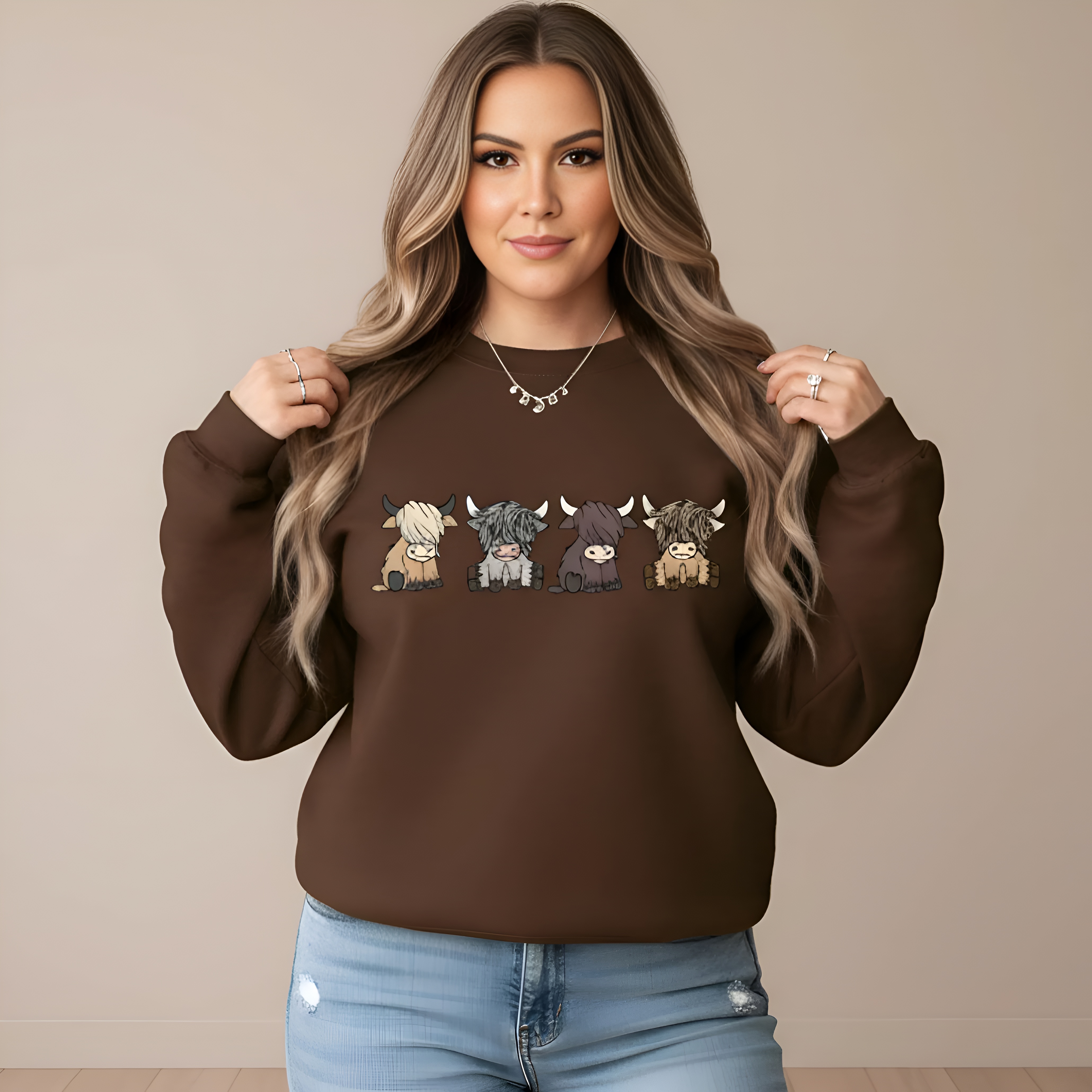 Cartoon Highland Cow Graphic Print Sweatshirt