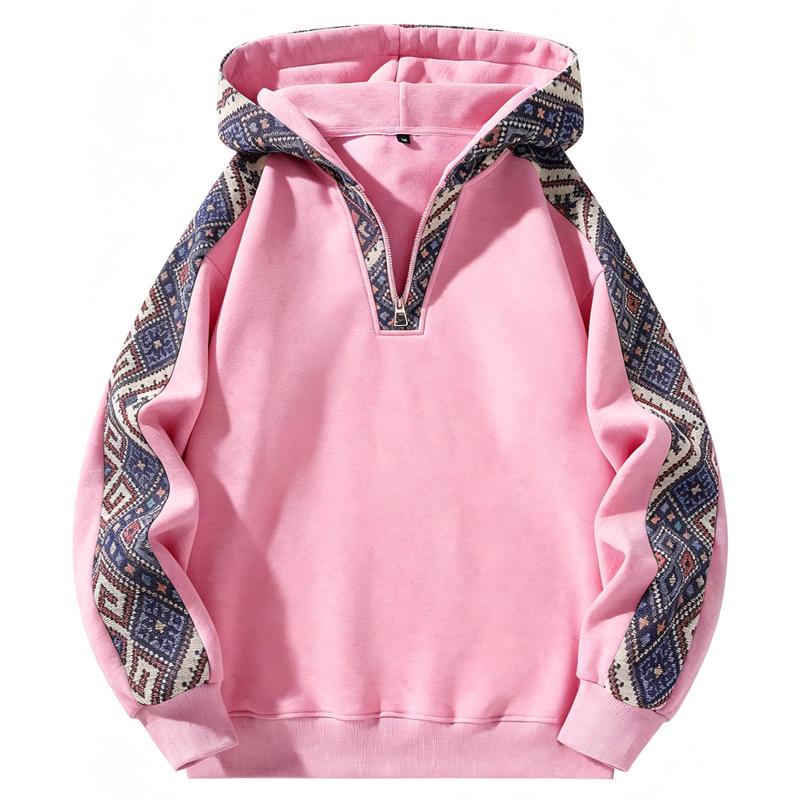 Retro Color Block Quarter Zip Knit Fitted Casual Pullover Hoodie For Men