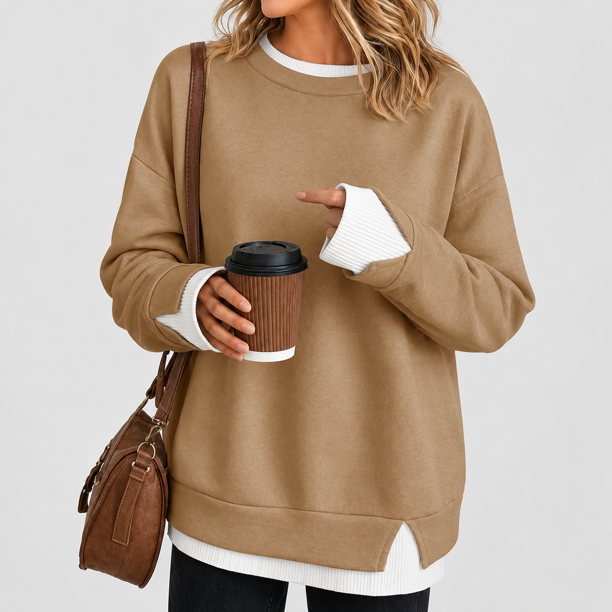 Casual Oversized Long Ribbed Layered Crew Sleeve Drop Sweatshirt For Women
