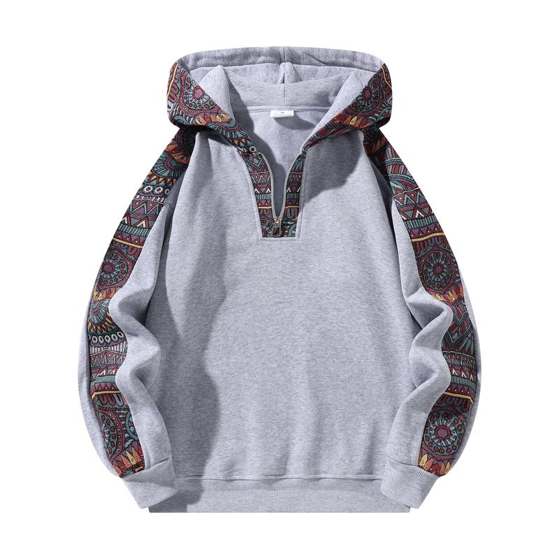 Retro Color Block Quarter Zip Knit Fitted Casual Pullover Hoodie For Men