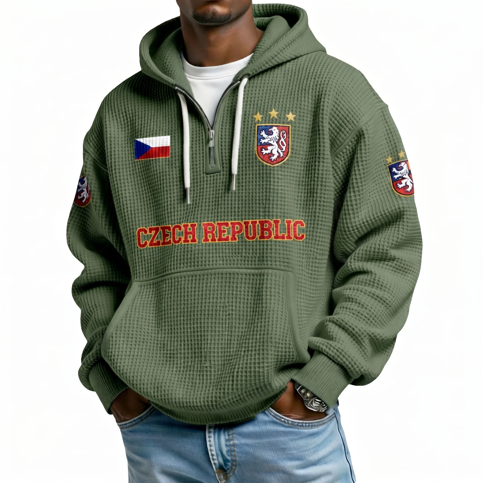 Czech Republic Printed Waffle Quarter Zip Football Fan Hoodie