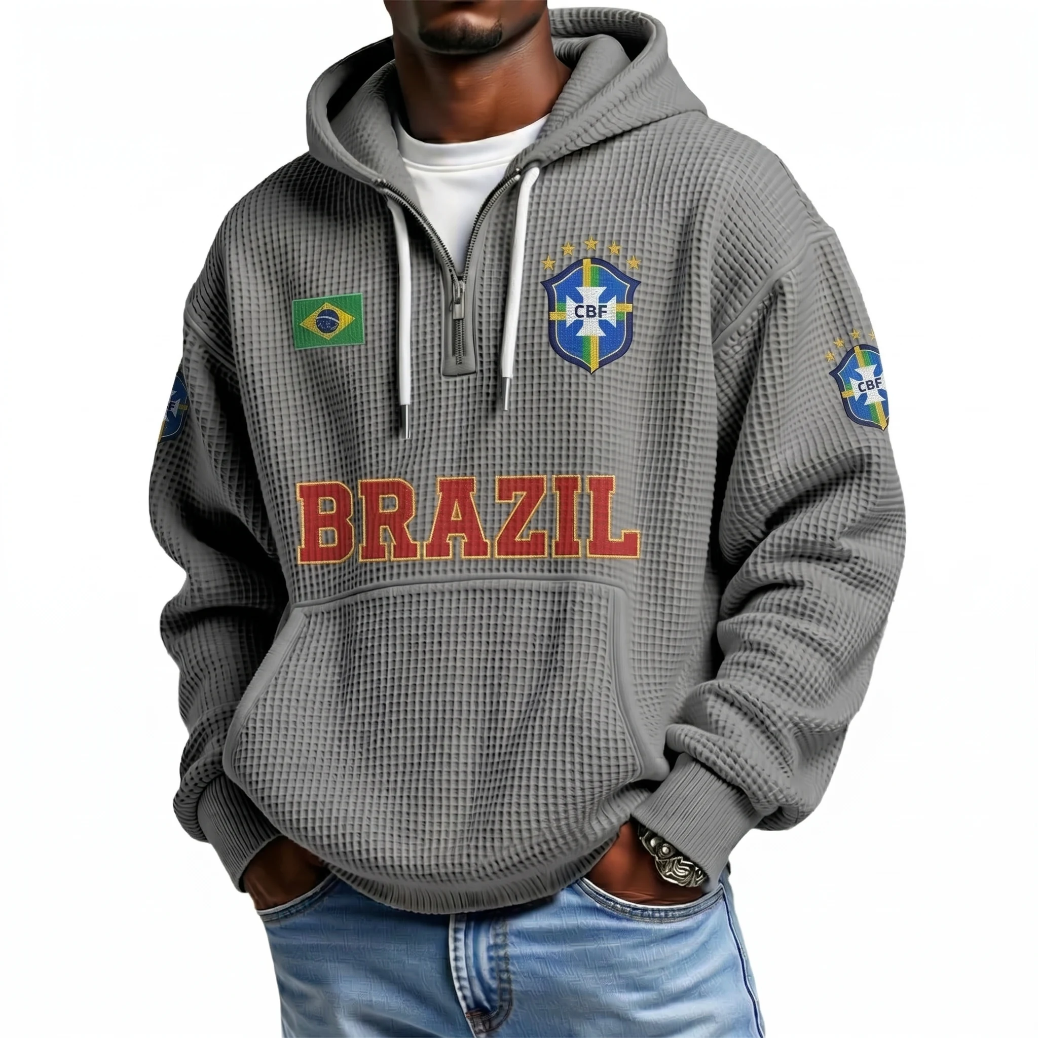 Brazil Printed Waffle Quarter Zip Football Fan Hoodie
