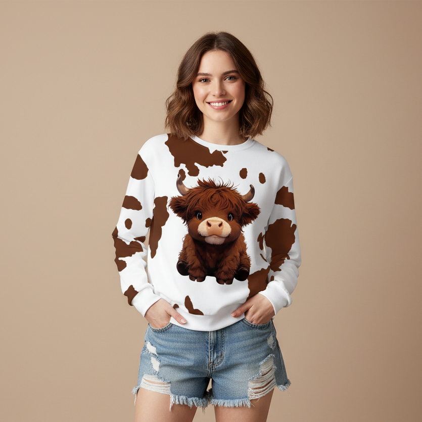 Cow Print Long Sleeve Casual Crew Sweatshirt 