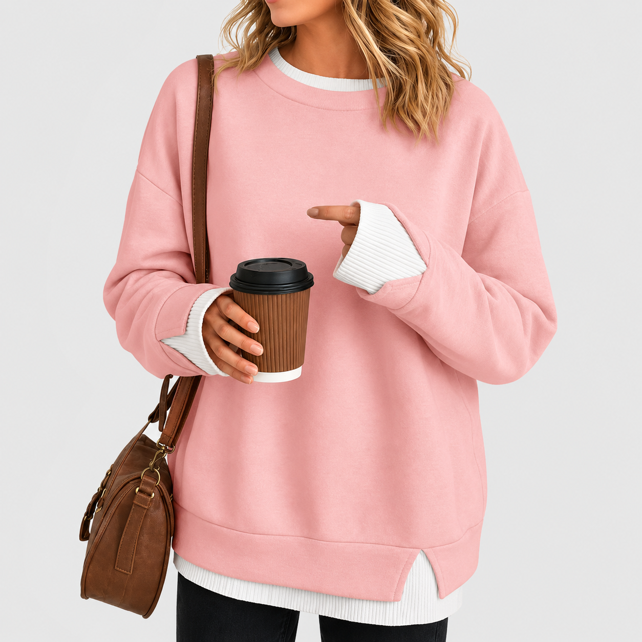 Casual Oversized Long Ribbed Layered Crew Sleeve Drop Sweatshirt For Women