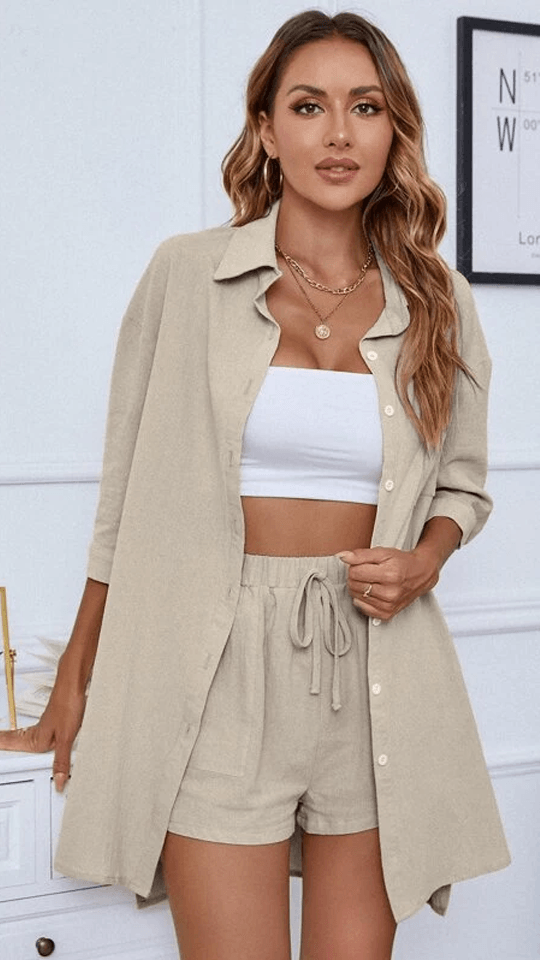 Button Up High Low Hem Shirt With Shorts-My 3D Hoodie