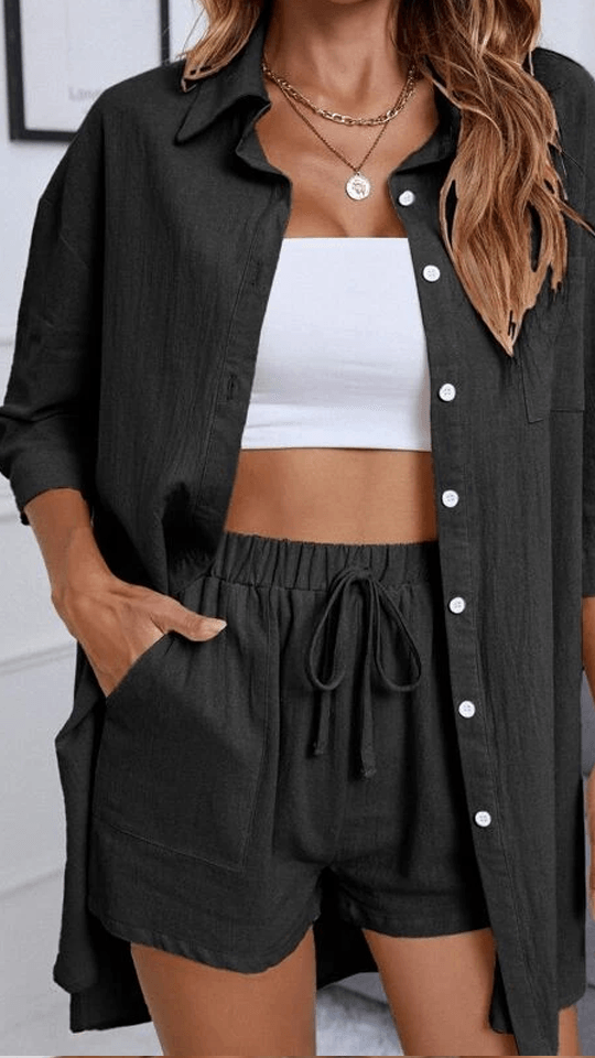 Button Up High Low Hem Shirt With Shorts-My 3D Hoodie