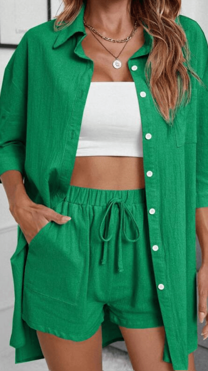 Button Up High Low Hem Shirt With Shorts-My 3D Hoodie