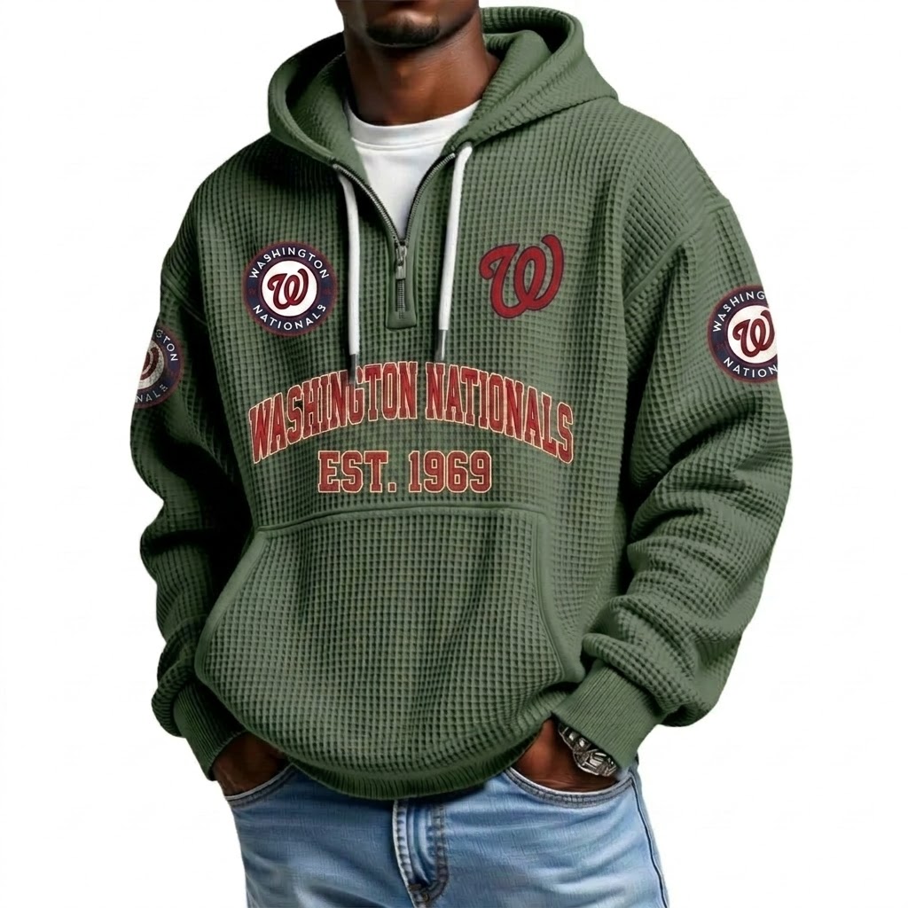Washington Nationals EST 1969 Printed Waffle Quarter Zip Baseball Fan Hoodie