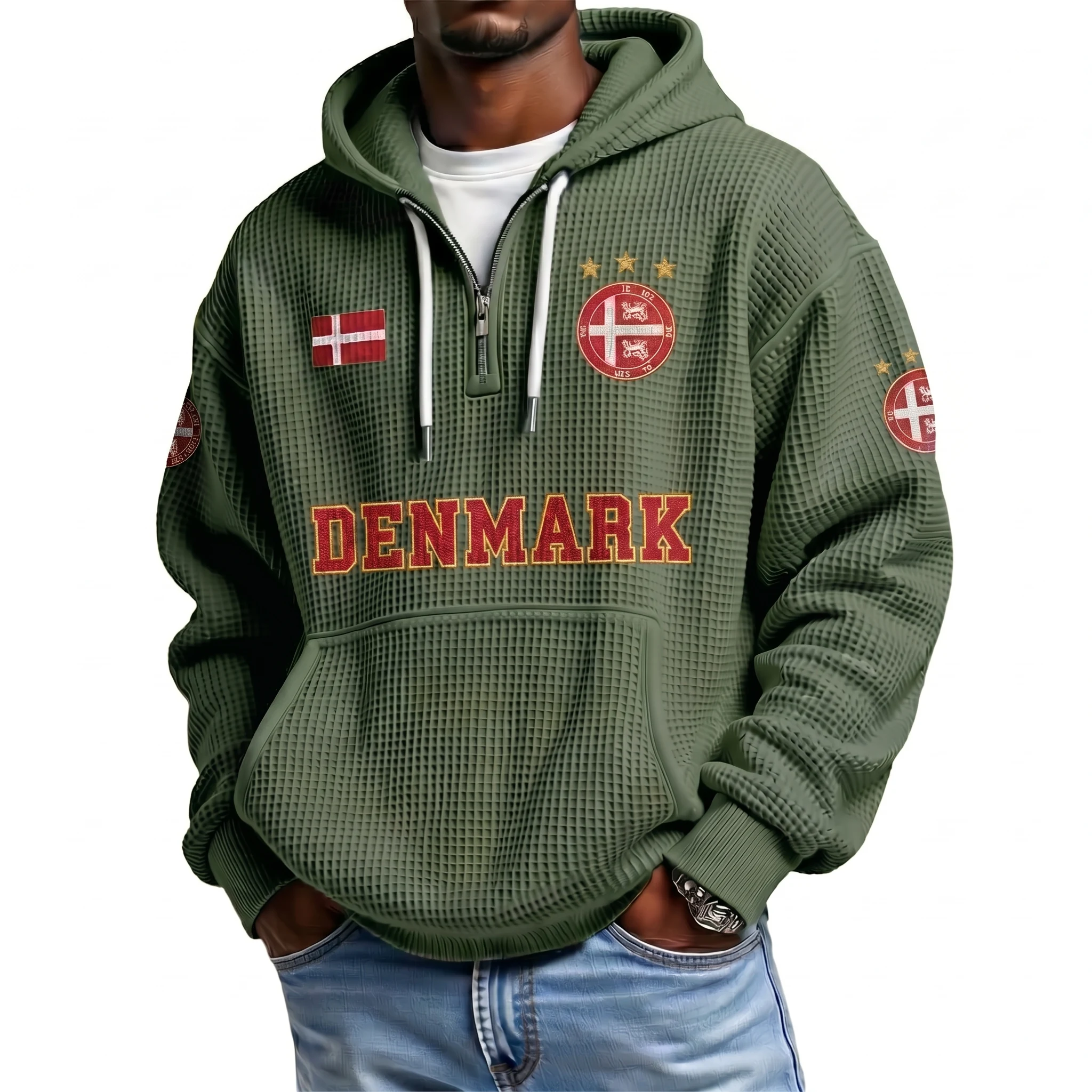 Denmark Printed Waffle Quarter Zip Football Fan Hoodie