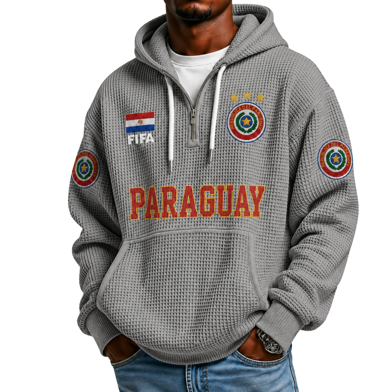 FIFA 2026 Paraguay Printed Waffle Quarter Zip Football Fan Hoodie