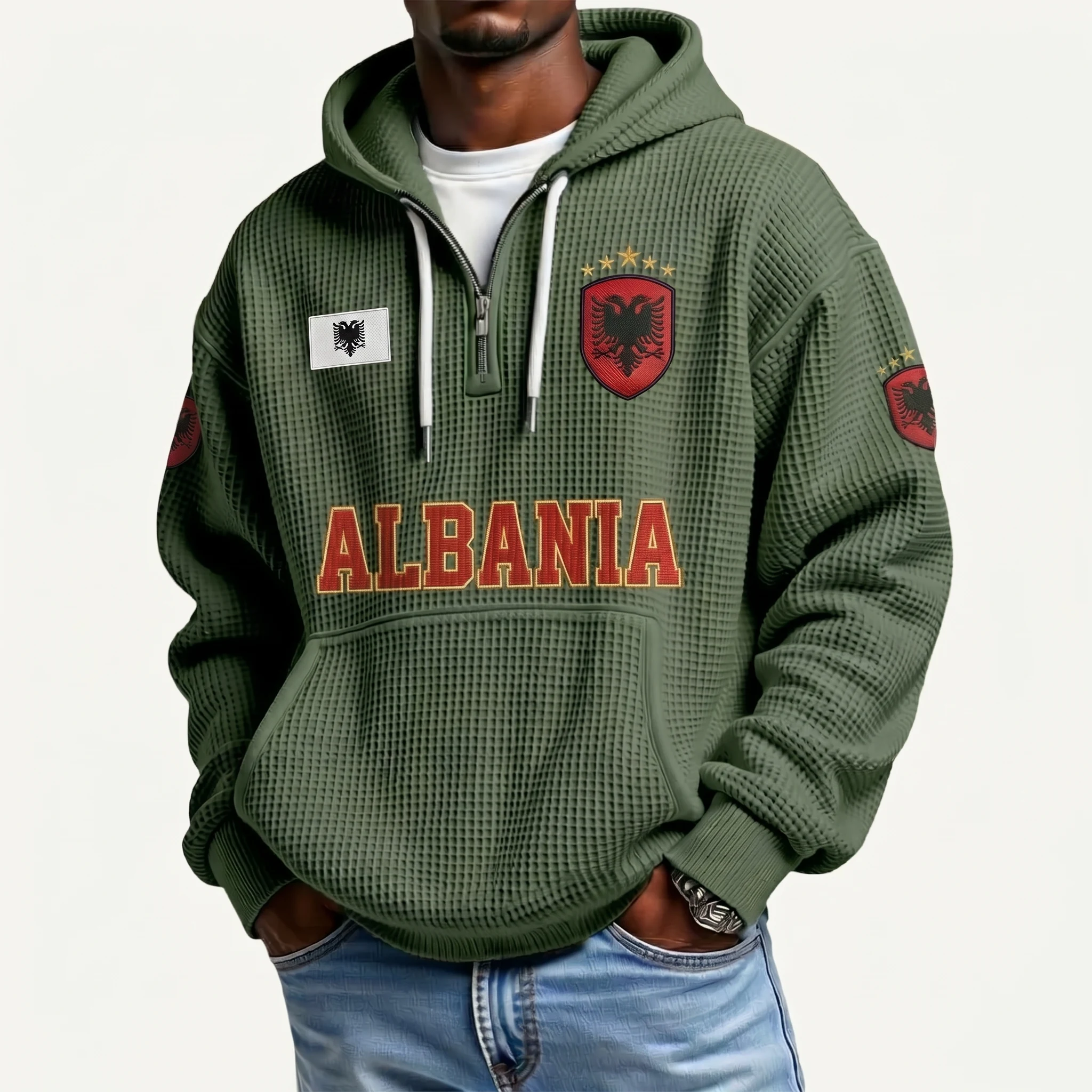 Albania Printed Waffle Quarter Zip Football Fan Hoodie