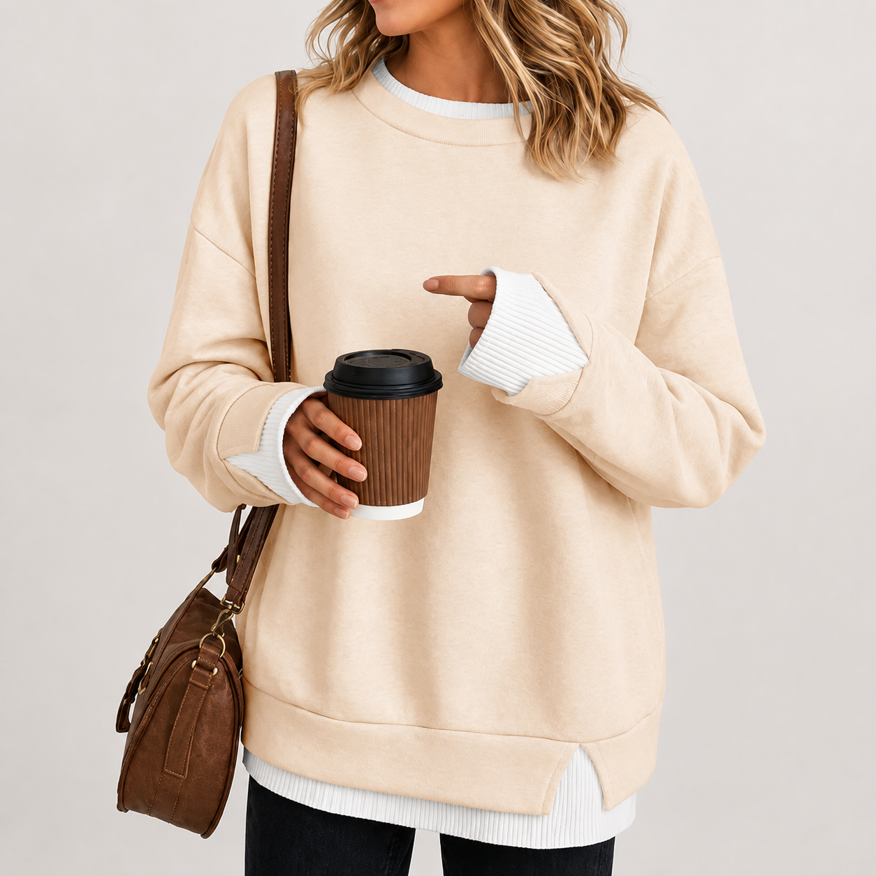 Casual Oversized Long Ribbed Layered Crew Sleeve Drop Sweatshirt For Women