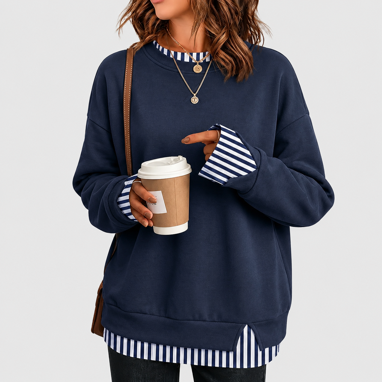 Casual Oversized Long Ribbed Layered Crew Sleeve Drop Sweatshirt For Women