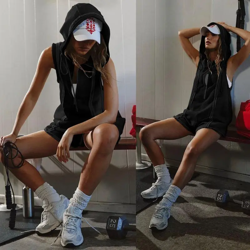 Tanming Women's Half Zipper Sports Hoodie Romper Jumpsuit for Fitness Outdoor Leisure Sleeveless Loose Overalls Shortalls for women  for Hyrox Workout Apparel Workout Gym Clothing,summerwins