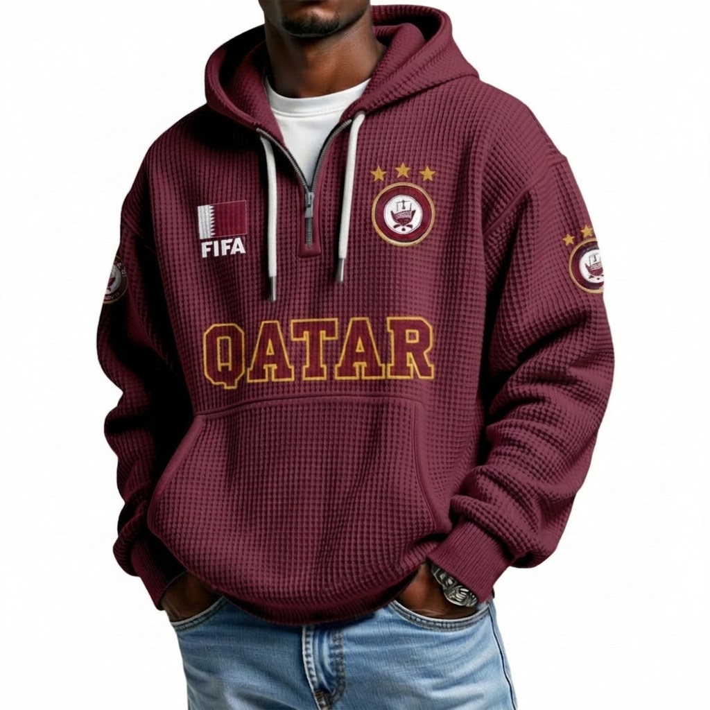 FIFA 2026 Qatar Printed Waffle Quarter Zip Football Fan Hoodie
