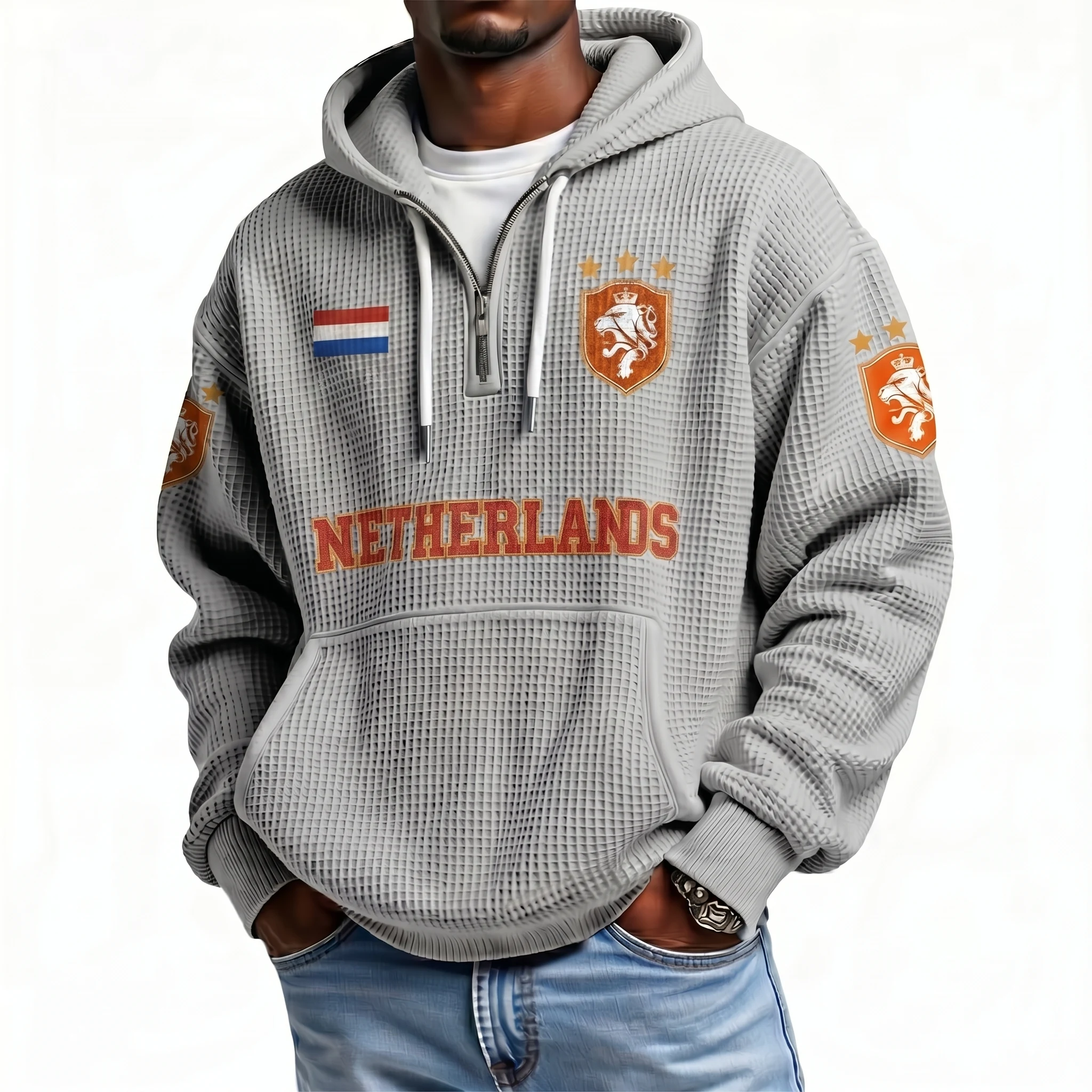 Netherlands Printed Waffle Quarter Zip Football Fan Hoodie