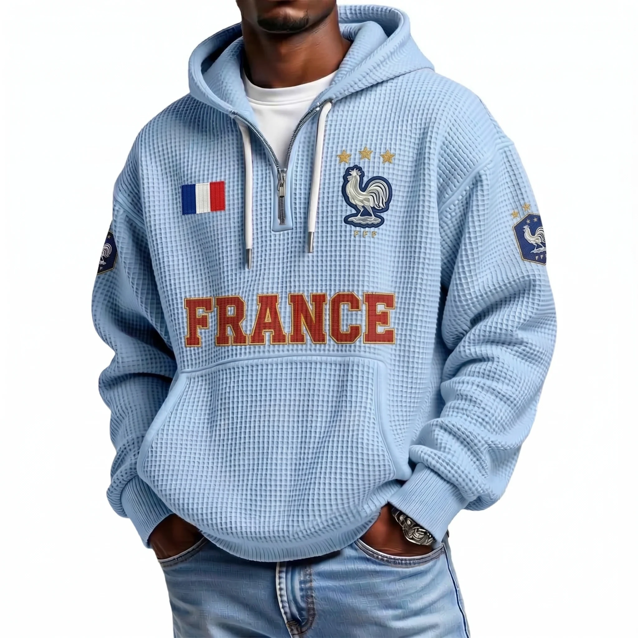 France Printed Waffle Quarter Zip Football Fan Hoodie