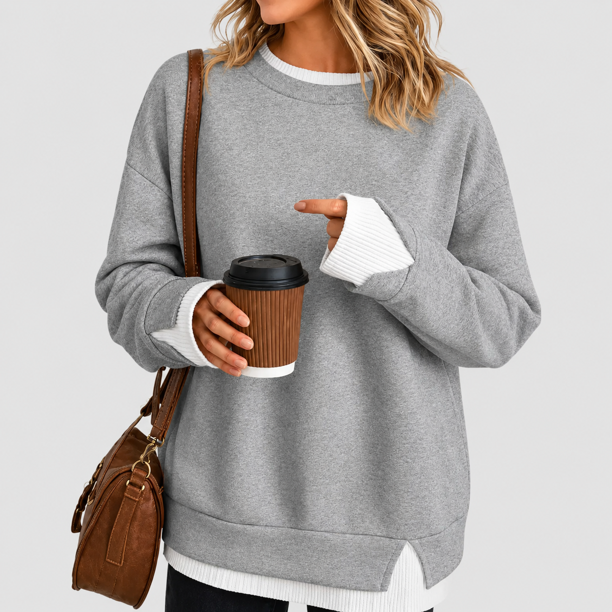 Casual Oversized Long Ribbed Layered Crew Sleeve Drop Sweatshirt For Women