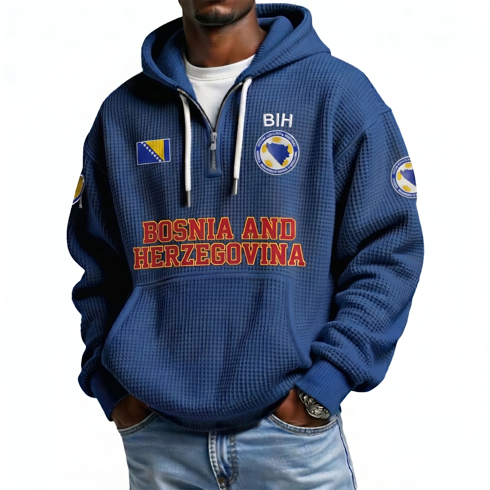 Bosnia and Herzegovina Printed Waffle Quarter Zip Football Fan Hoodie