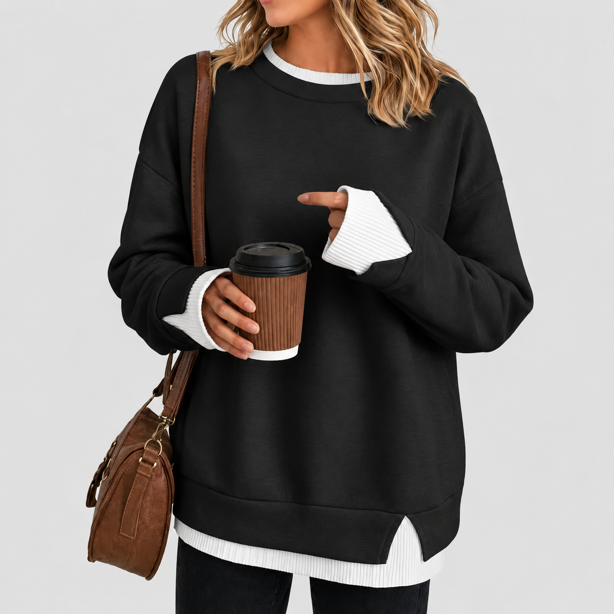 Casual Oversized Long Ribbed Layered Crew Sleeve Drop Sweatshirt For Women