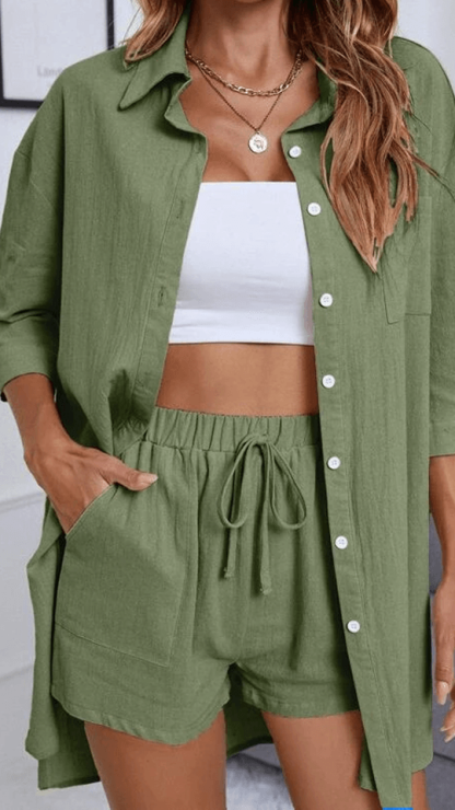 Button Up High Low Hem Shirt With Shorts-My 3D Hoodie