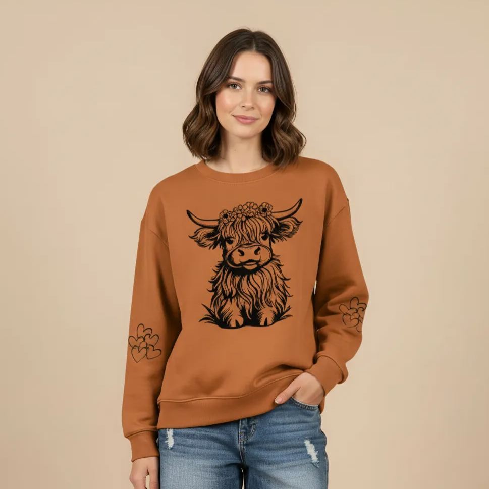 Cartoon Highland Cow Print Casual Knit Sweatshirt