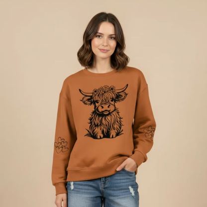 Cartoon Highland Cow Print Casual Knit Sweatshirt