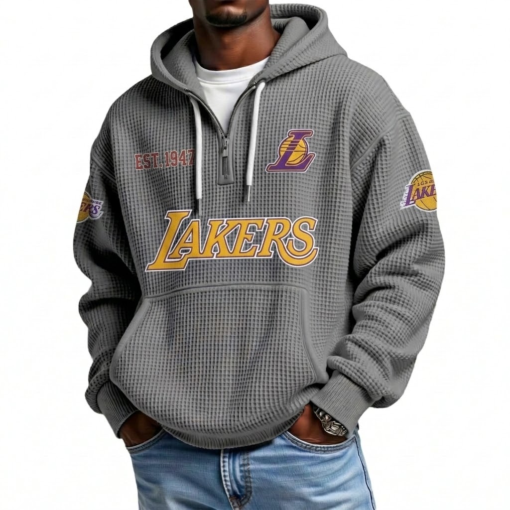 Los Angeles Lakers EST 1947 Printed Waffle Quarter Zip Basketball Fan Hoodie