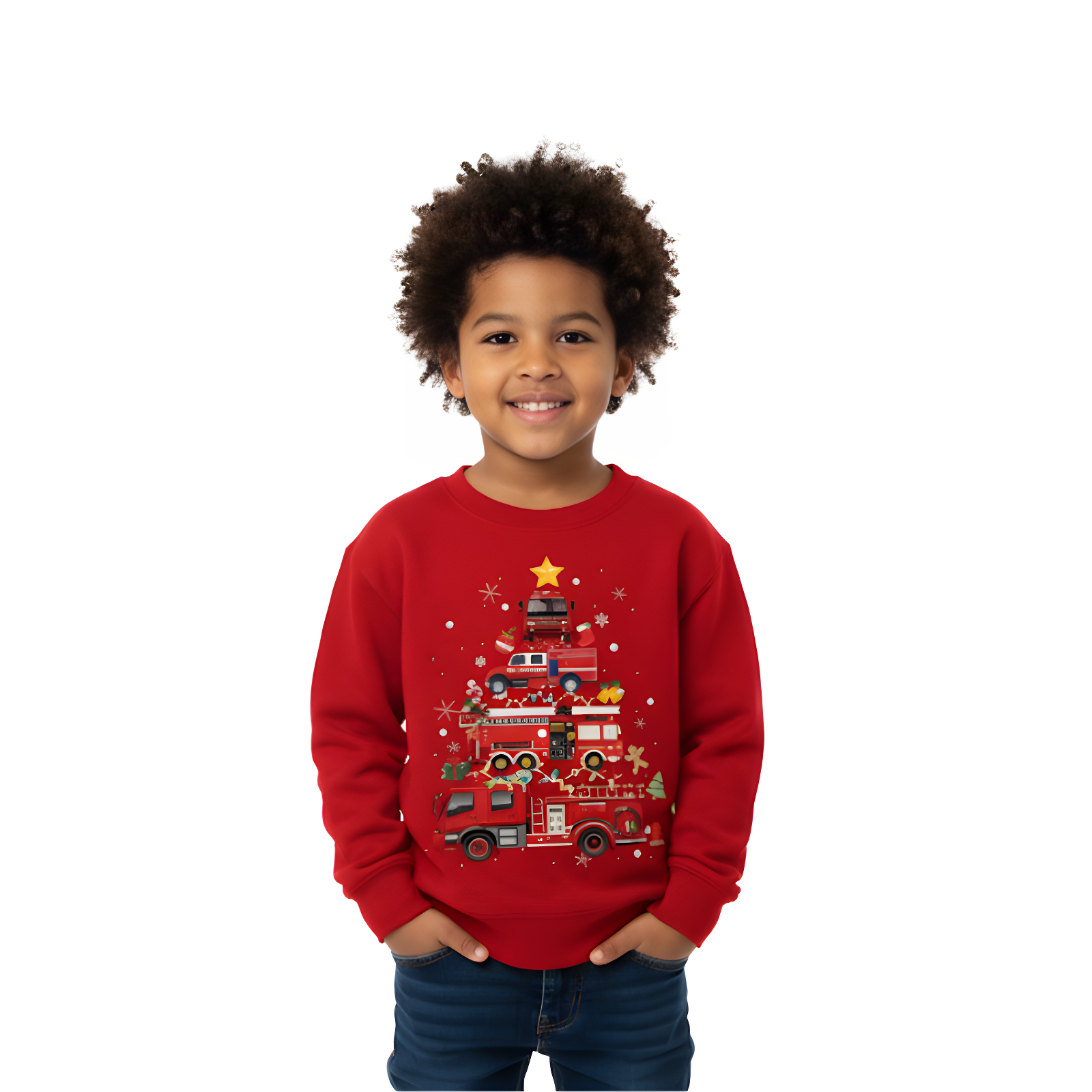 Boys Fleece Lined Sweatshirt With Festive Fire Truck Christmas Tree Design