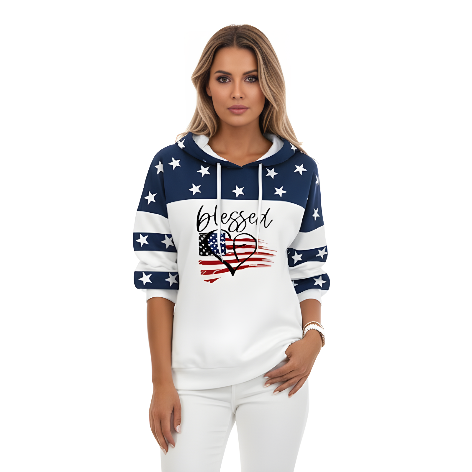 Women White Patriotic Hoodie Loose Fit Pullover With Blessed Print
