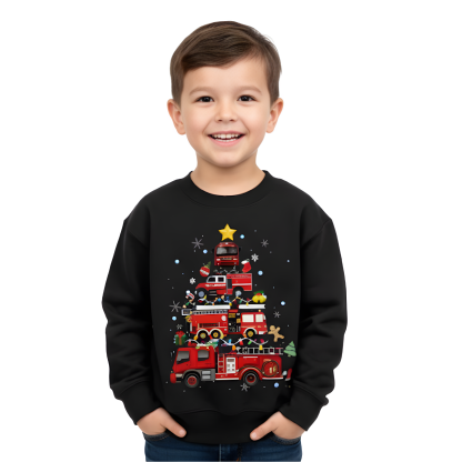 Boys Fleece Lined Sweatshirt With Festive Fire Truck Christmas Tree Design