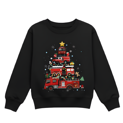 Boys Fleece Lined Sweatshirt With Festive Fire Truck Christmas Tree Design