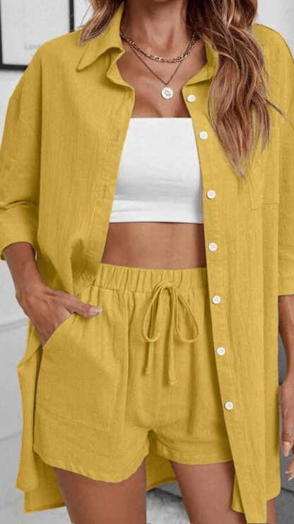 Button Up High Low Hem Shirt With Shorts-My 3D Hoodie