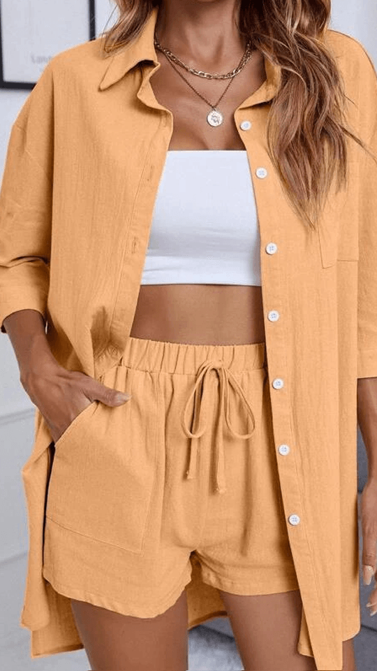 Button Up High Low Hem Shirt With Shorts-My 3D Hoodie