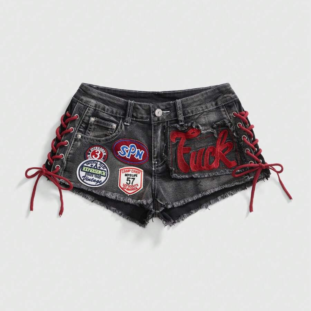 Spring And Summer Retro Sports Embroidered Drawstring Low Waist Shorts For Women