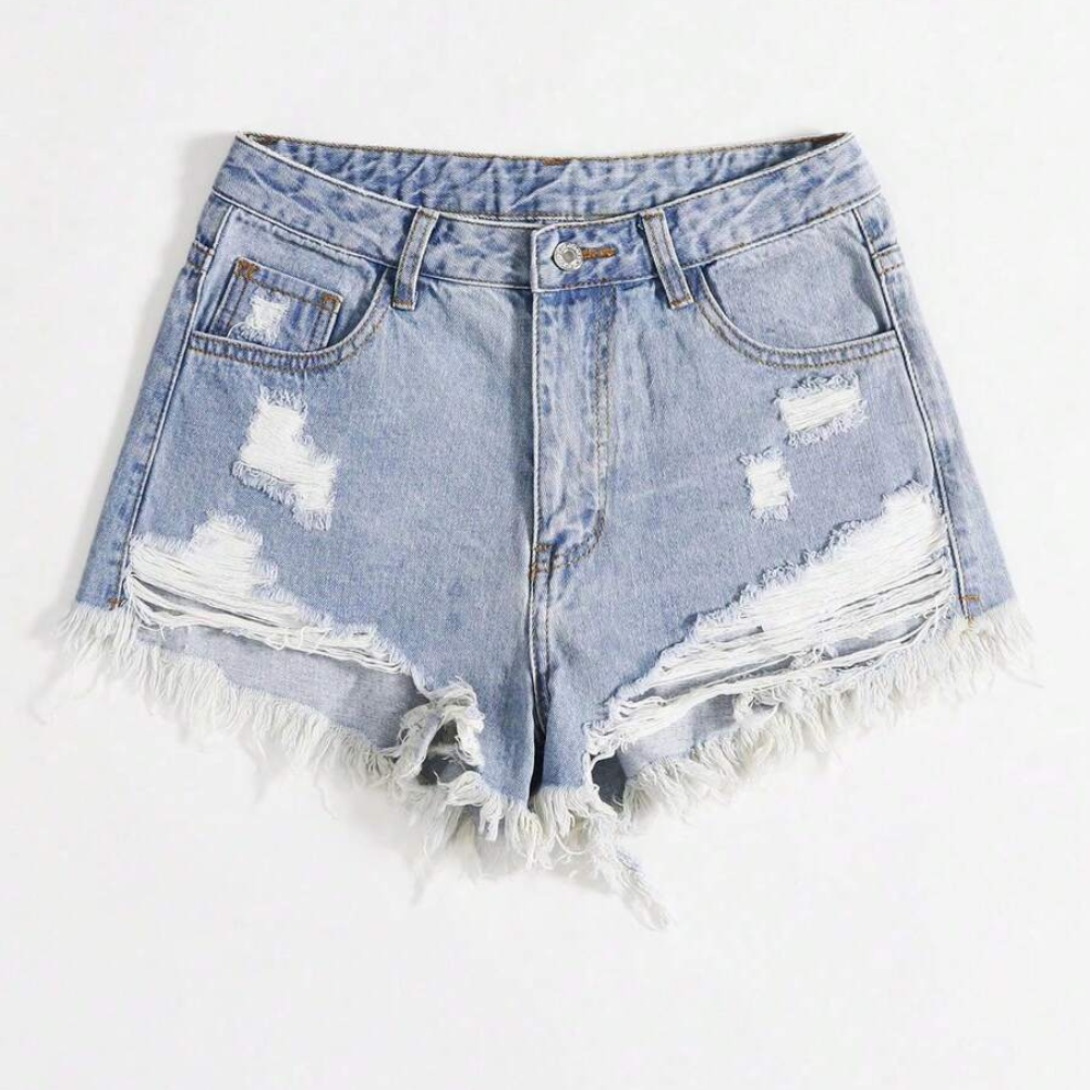 Fringe And Hem Everyday Denim Shorts Y2k Ripped For Women