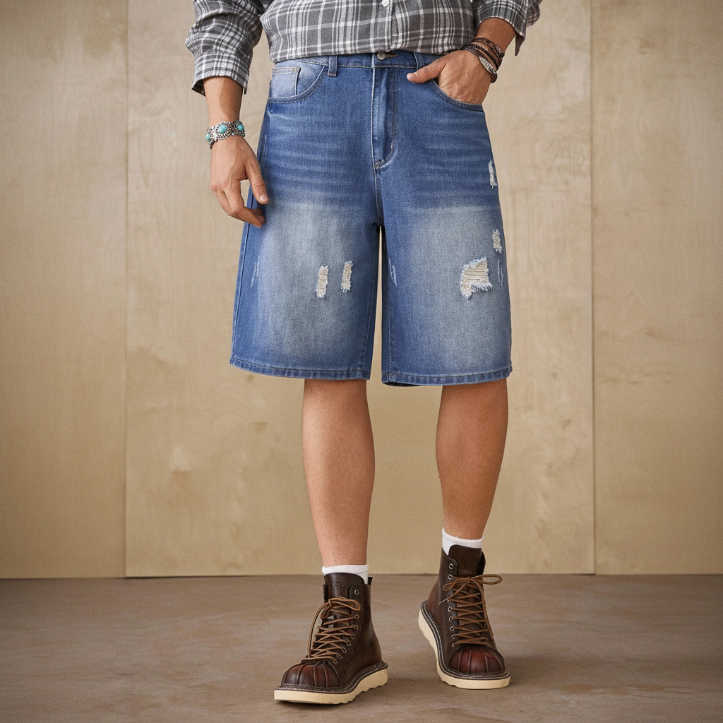 Loose Fit Vintage Washed Casual Denim Shorts For Men