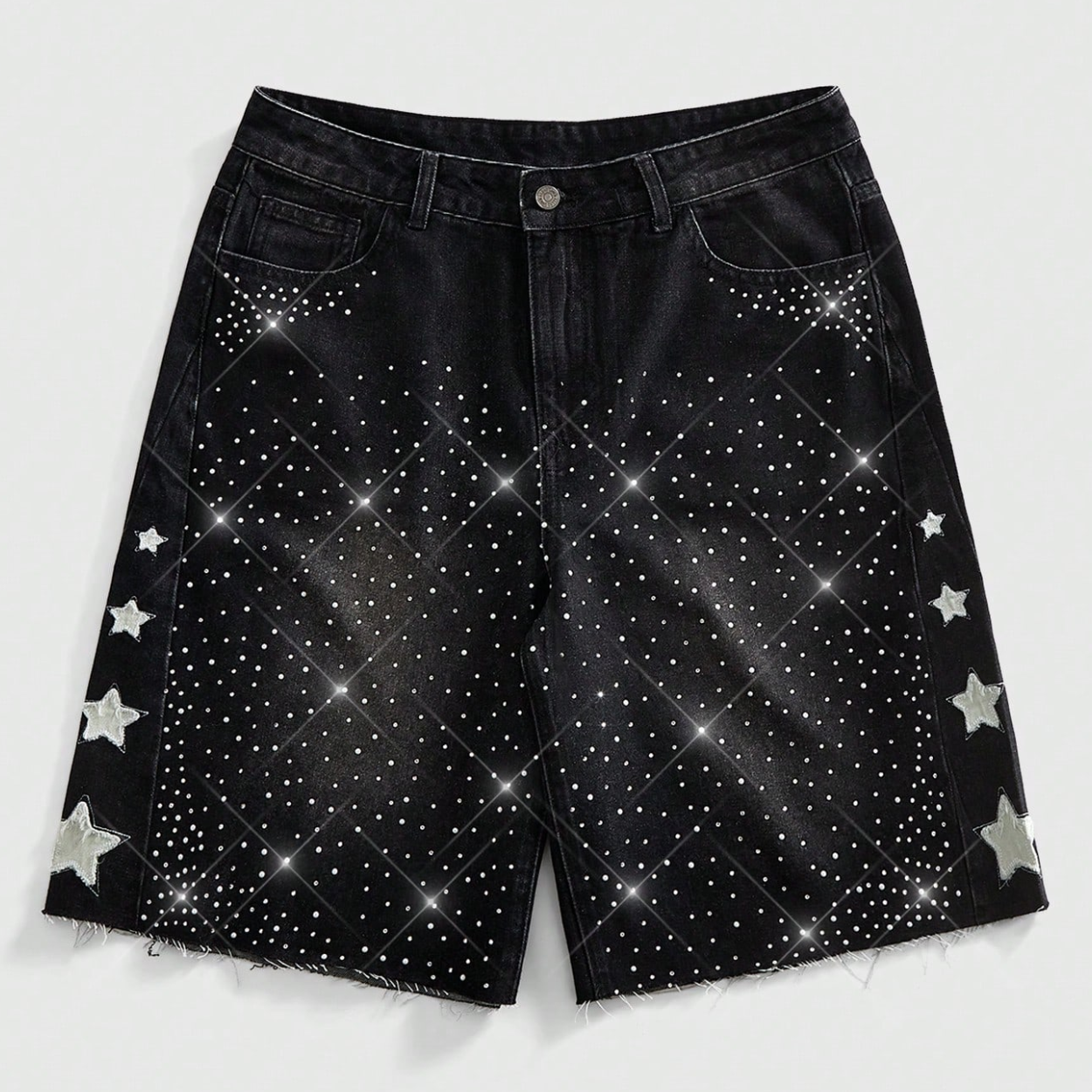 Sparkling Diamond Star Patch Casual Denim Shorts