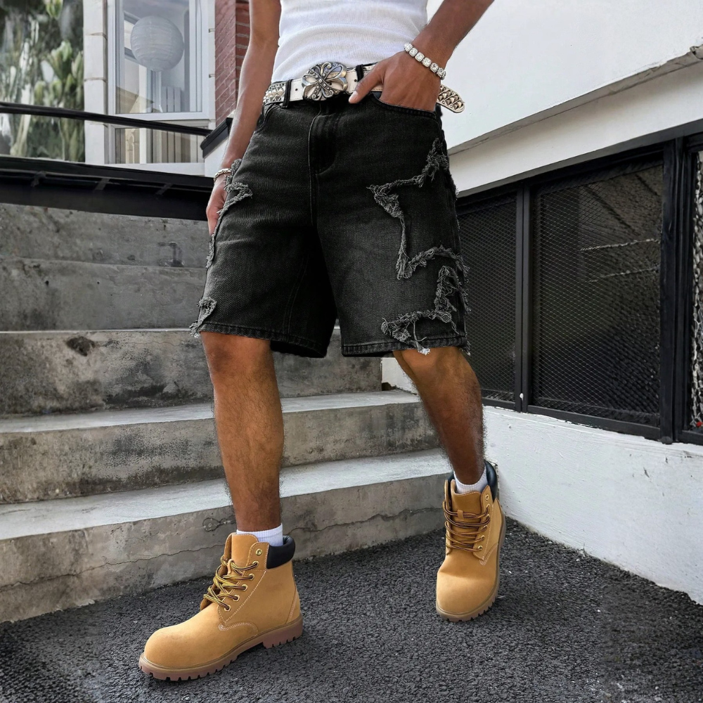 Men’s Distressed Wide Leg Denim Shorts Streetwear