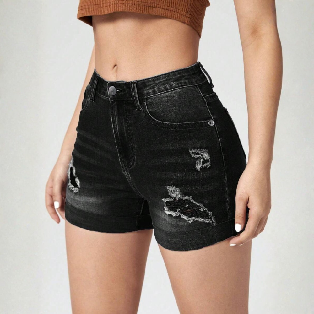 High Waist Frayed Edge Denim Shorts For Womens