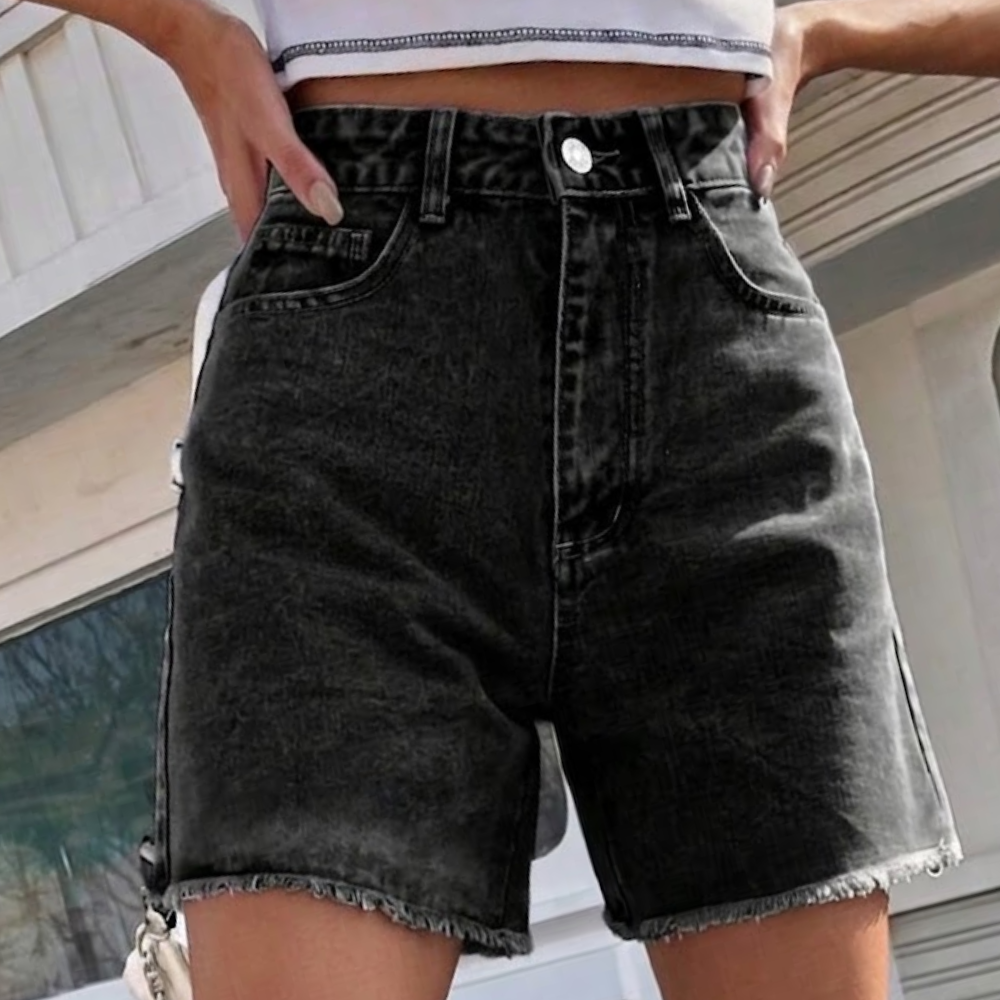Casual Washed Raw Hem Slant Pocket Denim Shorts For Women
