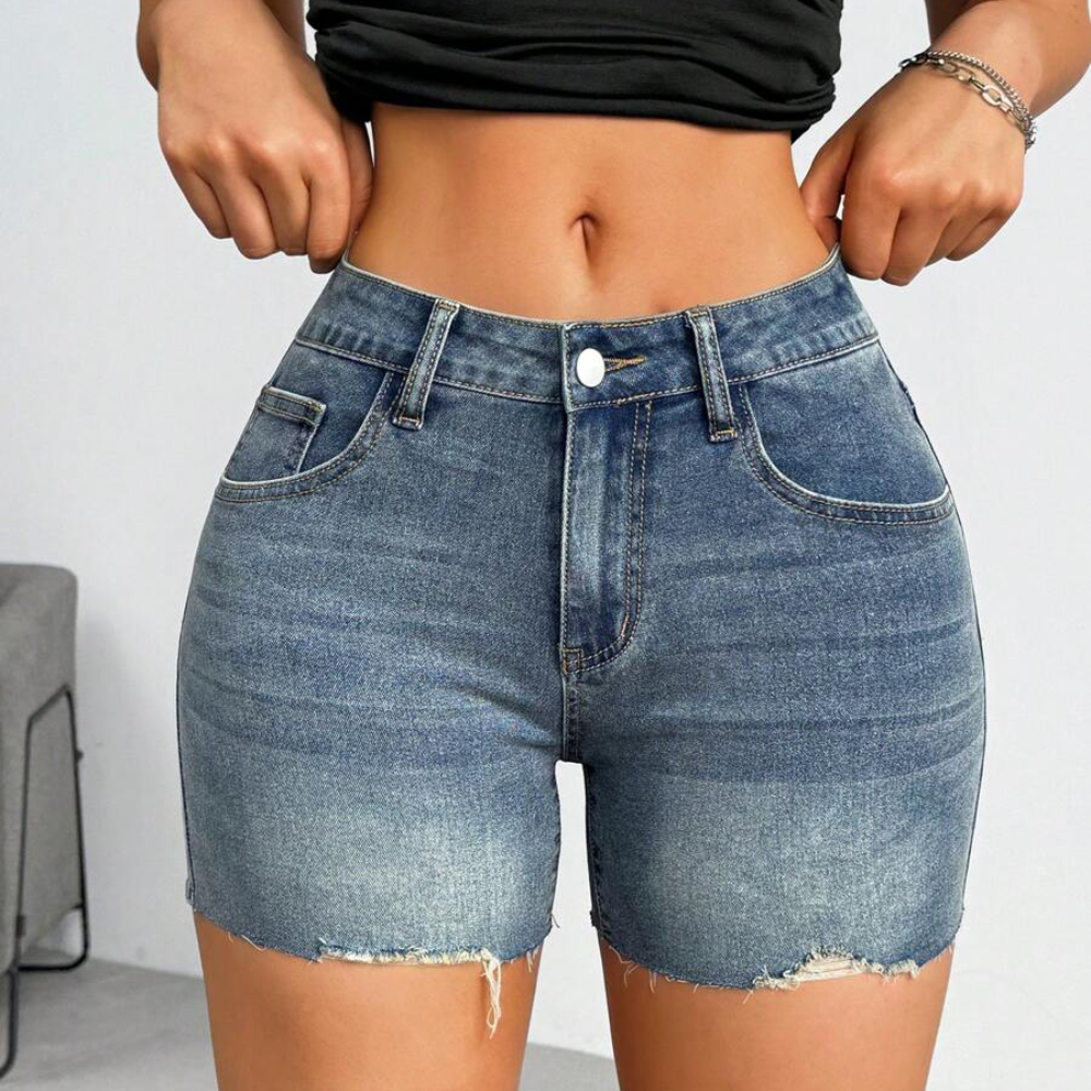 Casual Washed Distressed Skinny Denim Shorts For Women