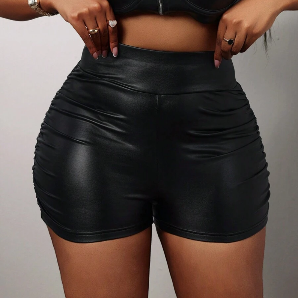 Elegant High Faux Leather Pleated Slim Shorts For Women