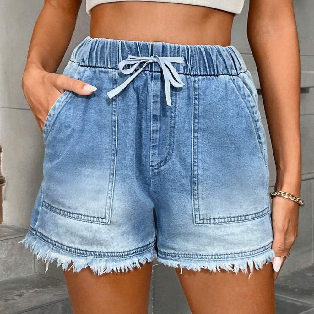 Casual Drawstring Frayed Hem Denim Shorts For Women